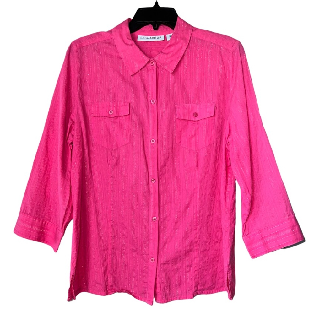 Sag Harbor pink and silver striped 3/4 sleeve button down shirt | EUC Size L